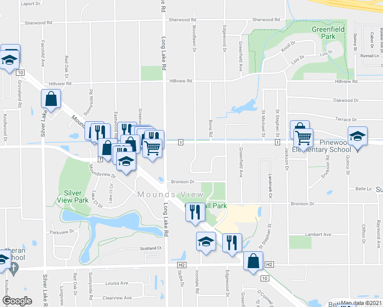 map of restaurants, bars, coffee shops, grocery stores, and more near 7666 Woodlawn Drive in Saint Paul