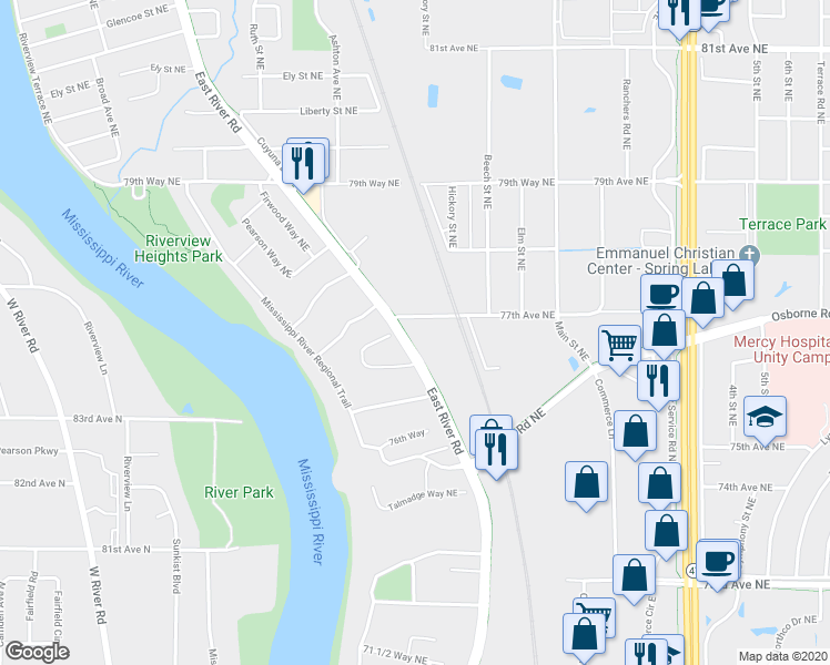 map of restaurants, bars, coffee shops, grocery stores, and more near 110 77th Way Northeast in Fridley