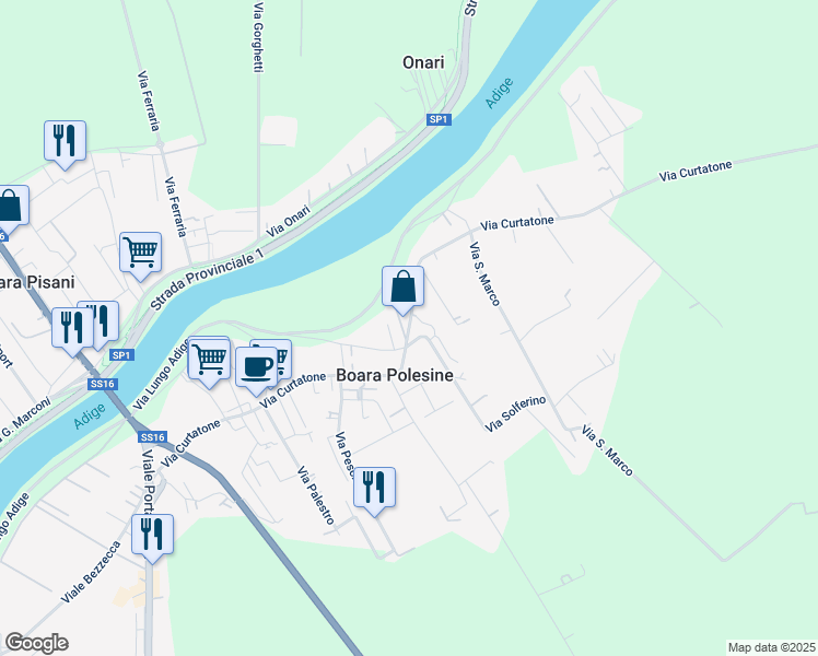 map of restaurants, bars, coffee shops, grocery stores, and more near Via Curtatone in Rovigo