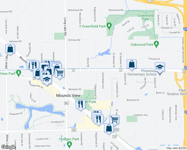 map of restaurants, bars, coffee shops, grocery stores, and more near 7660 Edgewood Drive in Mounds View