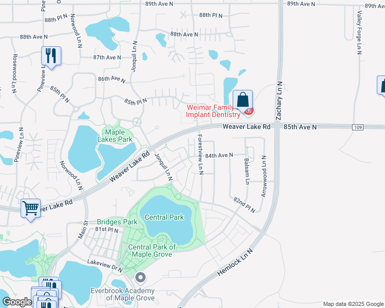 map of restaurants, bars, coffee shops, grocery stores, and more near 8411 Forestview Lane North in Maple Grove