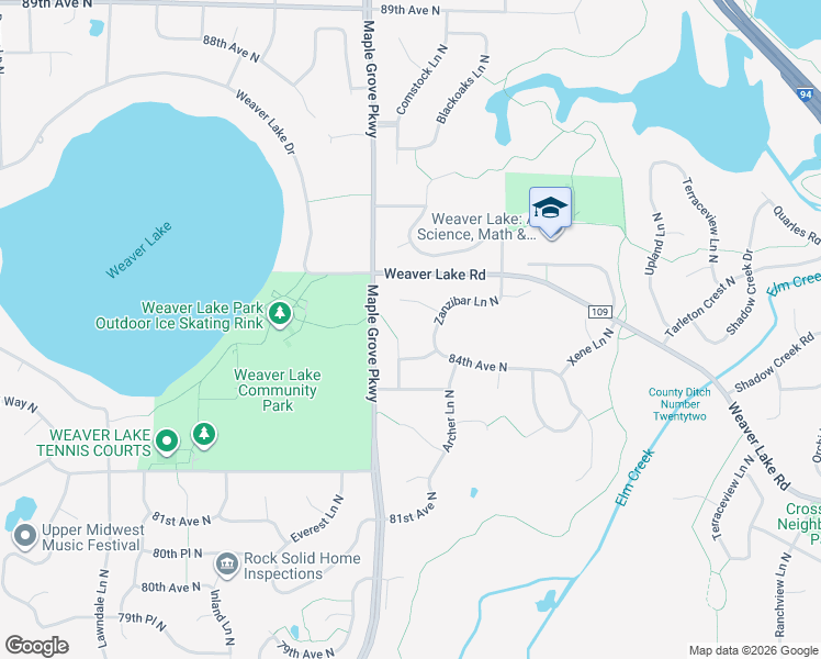 map of restaurants, bars, coffee shops, grocery stores, and more near 16569 84th Place North in Osseo