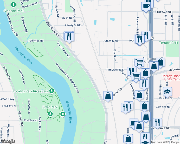 map of restaurants, bars, coffee shops, grocery stores, and more near 110 77th Way Northeast in Fridley