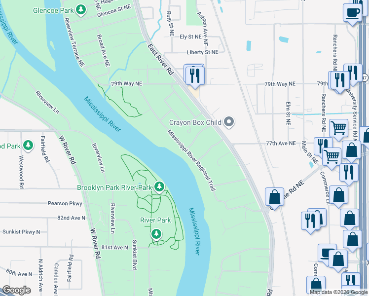 map of restaurants, bars, coffee shops, grocery stores, and more near Alden Way Northeast in Fridley