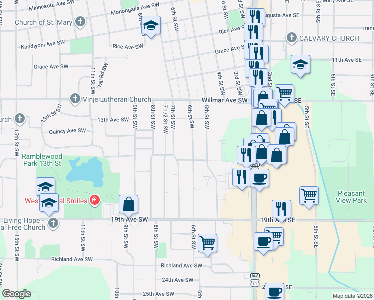 map of restaurants, bars, coffee shops, grocery stores, and more near 1405 7th Street Southwest in Willmar