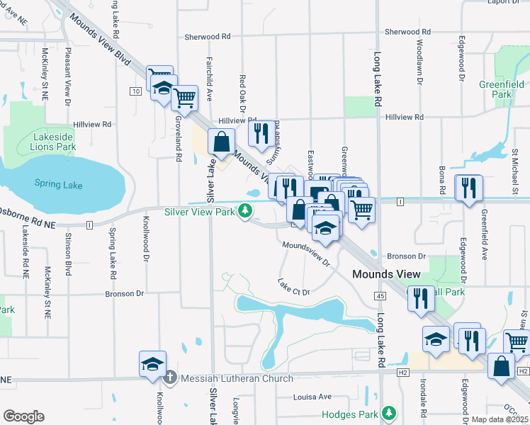 map of restaurants, bars, coffee shops, grocery stores, and more near 2701 County Road I in Mounds View