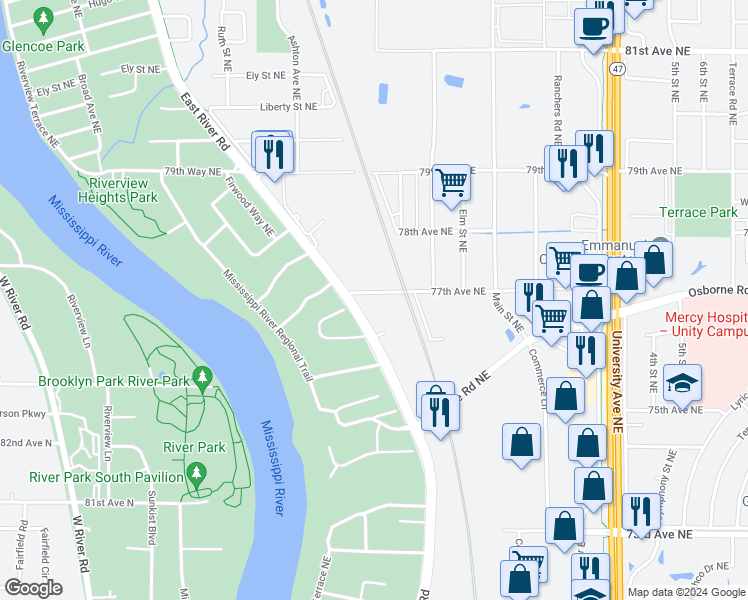 map of restaurants, bars, coffee shops, grocery stores, and more near 110 77th Way Northeast in Fridley