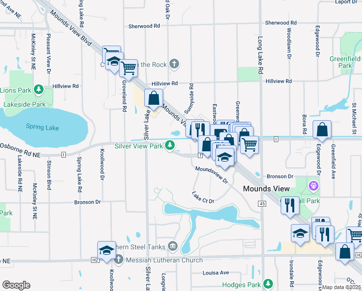 map of restaurants, bars, coffee shops, grocery stores, and more near 2701 County Road I in Mounds View