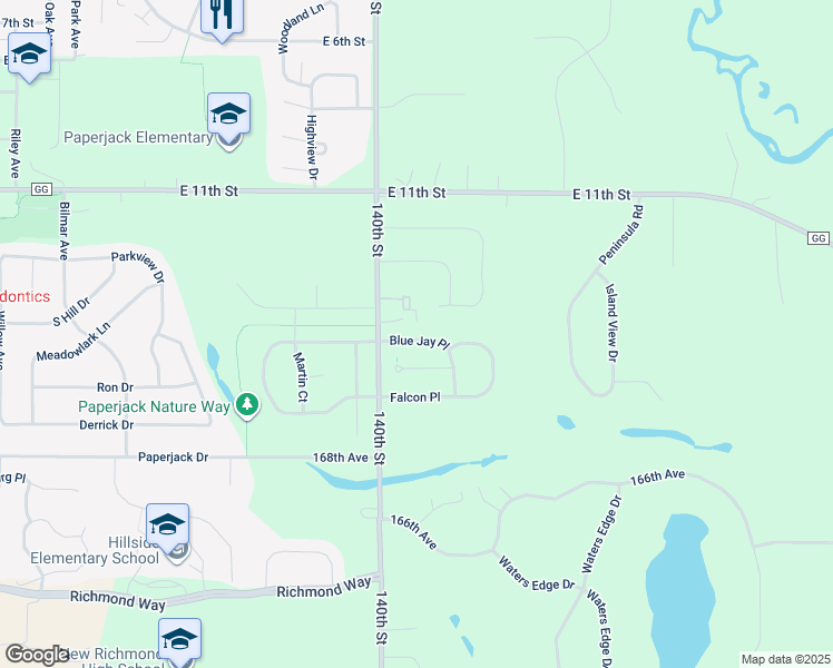 map of restaurants, bars, coffee shops, grocery stores, and more near 1343 Blue Jay Place in New Richmond