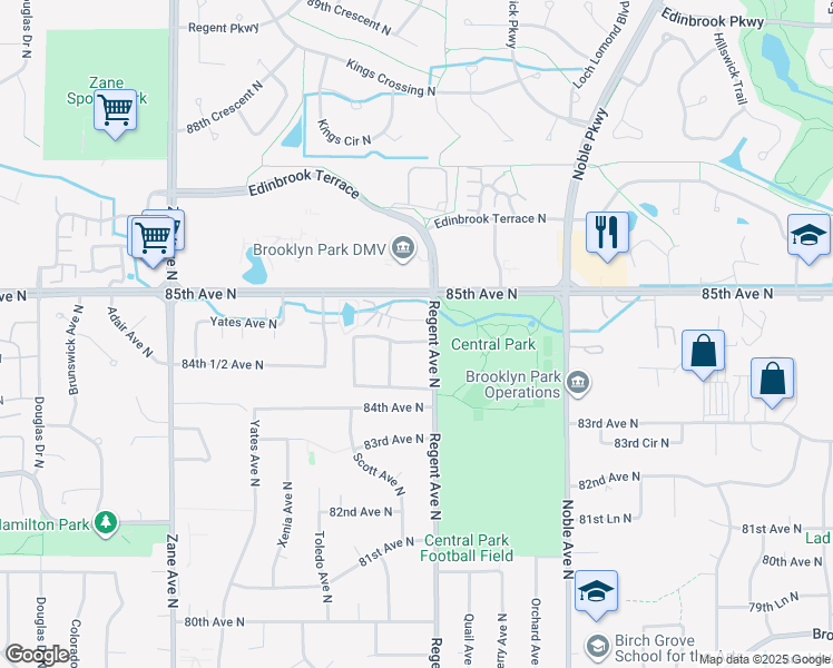 map of restaurants, bars, coffee shops, grocery stores, and more near 8400 Regent Avenue North in Brooklyn Park