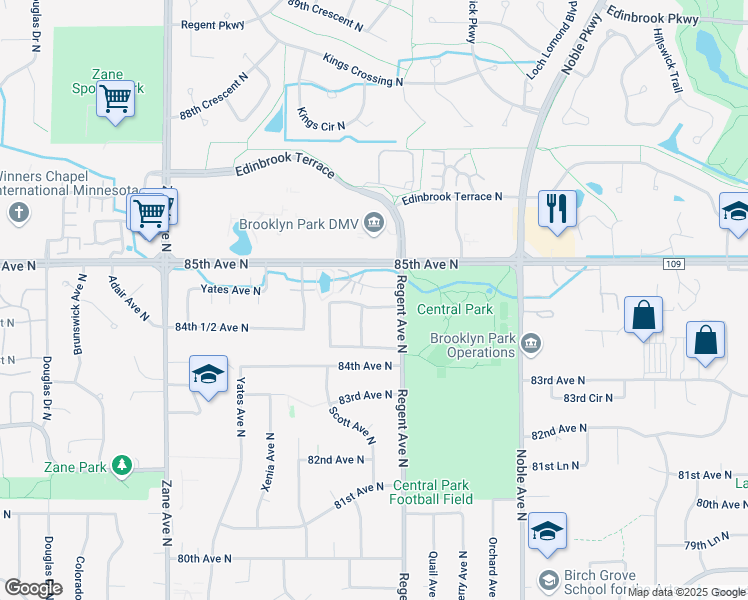 map of restaurants, bars, coffee shops, grocery stores, and more near 5227 84th Court North in Minneapolis