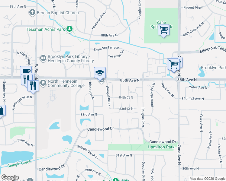 map of restaurants, bars, coffee shops, grocery stores, and more near 6670 84th Court North in Minneapolis