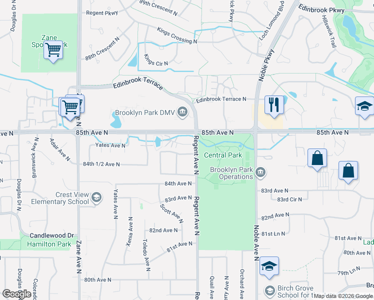 map of restaurants, bars, coffee shops, grocery stores, and more near 8400 Regent Avenue North in Brooklyn Park