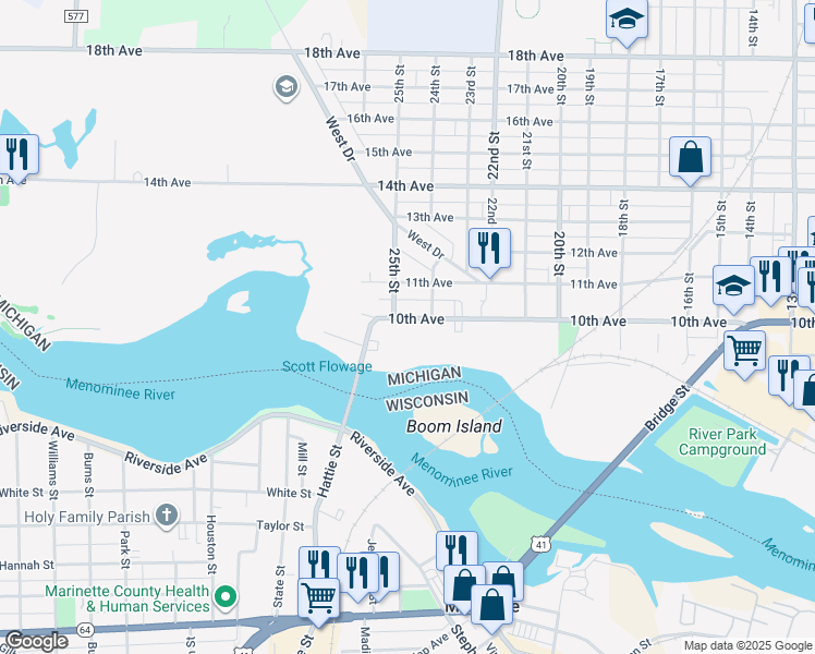 map of restaurants, bars, coffee shops, grocery stores, and more near 2427 10th Avenue in Menominee