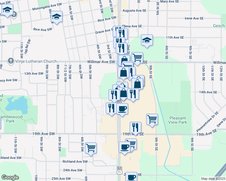 map of restaurants, bars, coffee shops, grocery stores, and more near 1300-1558 Highway 23 Business in Willmar