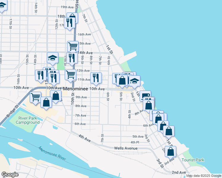 map of restaurants, bars, coffee shops, grocery stores, and more near 524 10th Avenue in Menominee