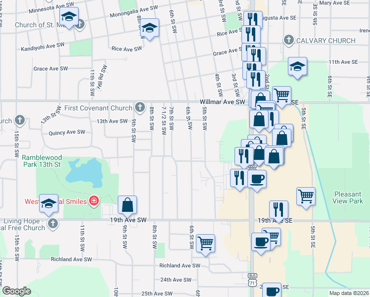 map of restaurants, bars, coffee shops, grocery stores, and more near 1405 7th Street Southwest in Willmar