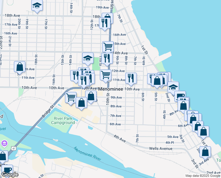 map of restaurants, bars, coffee shops, grocery stores, and more near in Menominee