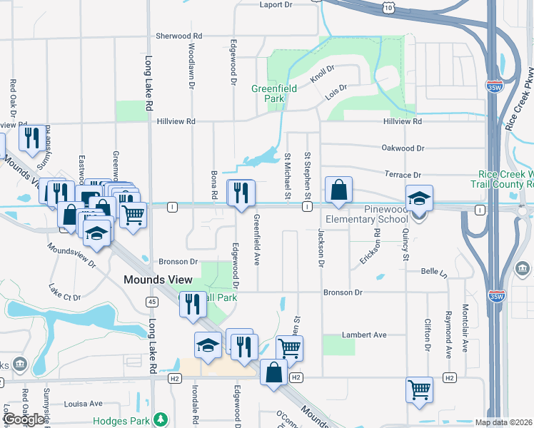 map of restaurants, bars, coffee shops, grocery stores, and more near 7635 Greenfield Avenue in Mounds View
