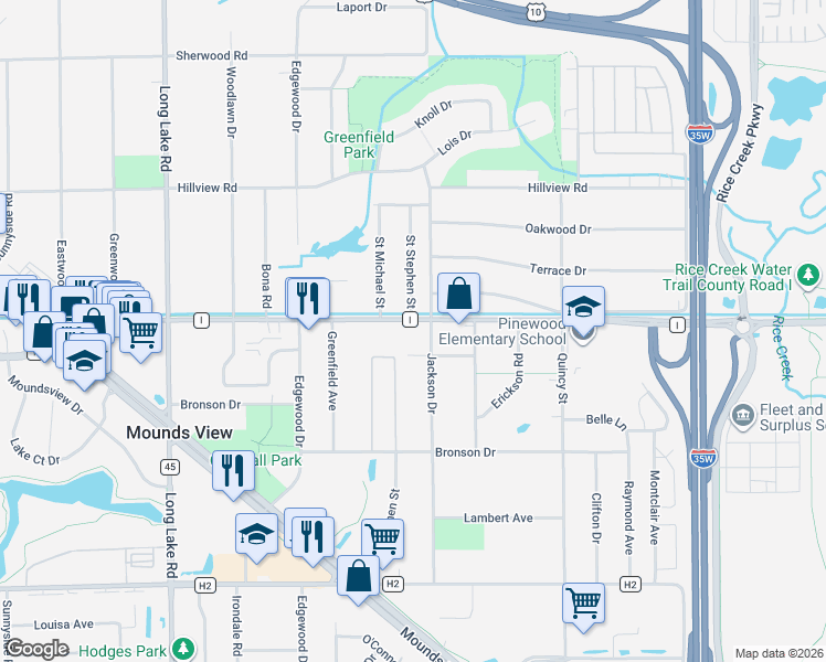 map of restaurants, bars, coffee shops, grocery stores, and more near 2310 County Road I in Mounds View