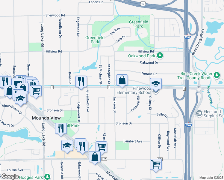 map of restaurants, bars, coffee shops, grocery stores, and more near 2300 County Road I in Mounds View