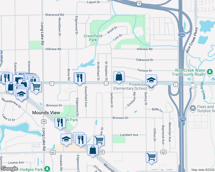 map of restaurants, bars, coffee shops, grocery stores, and more near 2310 County Road I in Mounds View