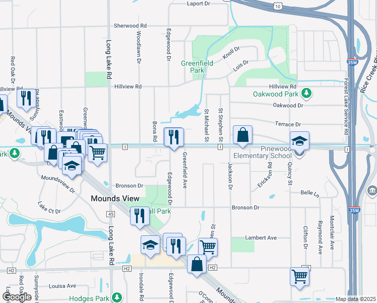 map of restaurants, bars, coffee shops, grocery stores, and more near 7635 Greenfield Avenue in Mounds View