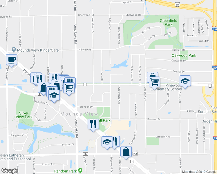 map of restaurants, bars, coffee shops, grocery stores, and more near 2424 County Road I in Mounds View