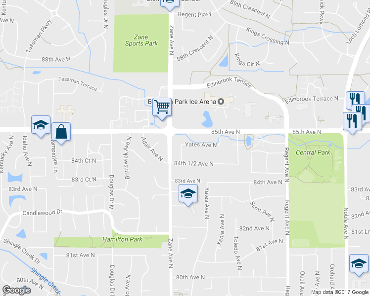 map of restaurants, bars, coffee shops, grocery stores, and more near 8402 Yates Avenue North in Minneapolis