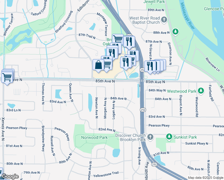 map of restaurants, bars, coffee shops, grocery stores, and more near 8425 Logan Avenue North in Minneapolis