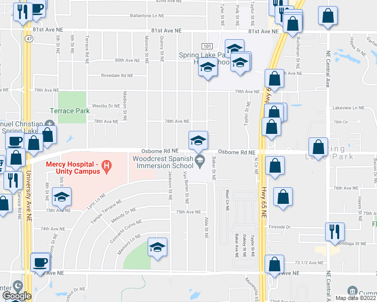 map of restaurants, bars, coffee shops, grocery stores, and more near 801 Osborne Road Northeast in Fridley