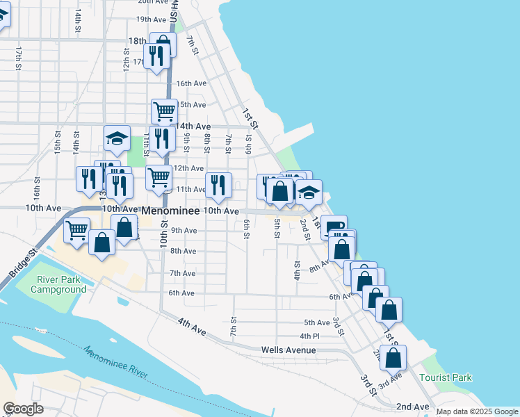 map of restaurants, bars, coffee shops, grocery stores, and more near 524 10th Avenue in Menominee