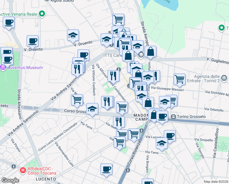 map of restaurants, bars, coffee shops, grocery stores, and more near 38 Via Alfonso Badini Confalonieri in Torino