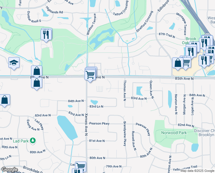 map of restaurants, bars, coffee shops, grocery stores, and more near 8365 Thomas Court North in Minneapolis