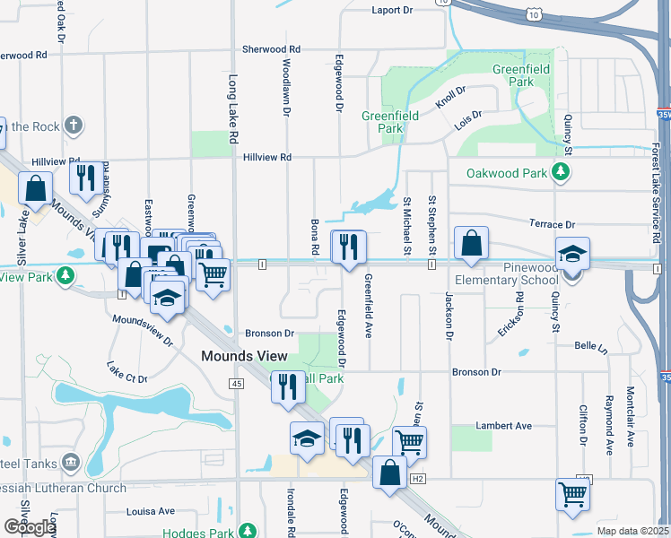 map of restaurants, bars, coffee shops, grocery stores, and more near 2424 County Road I in Mounds View