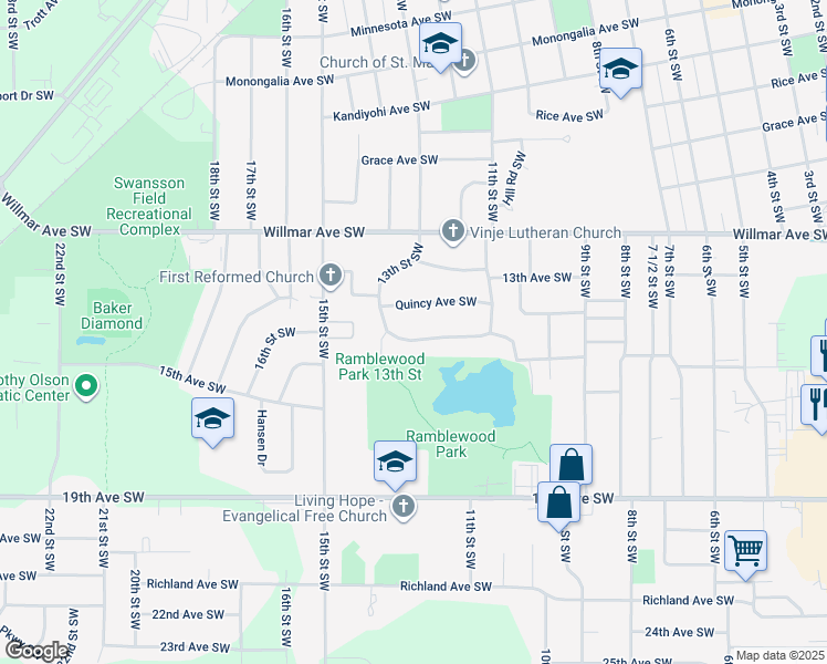 map of restaurants, bars, coffee shops, grocery stores, and more near 1236 Ramblewood Avenue Southwest in Willmar