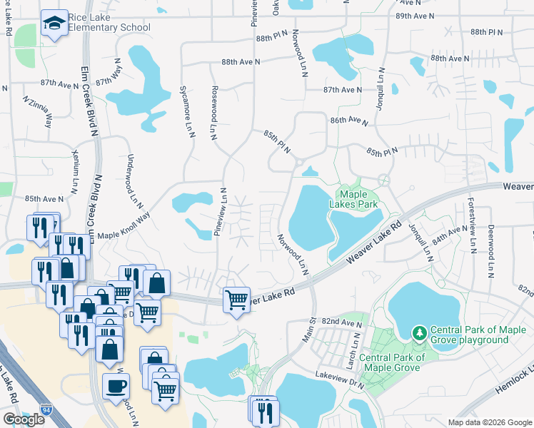 map of restaurants, bars, coffee shops, grocery stores, and more near 8395 Norwood Lane North in Maple Grove