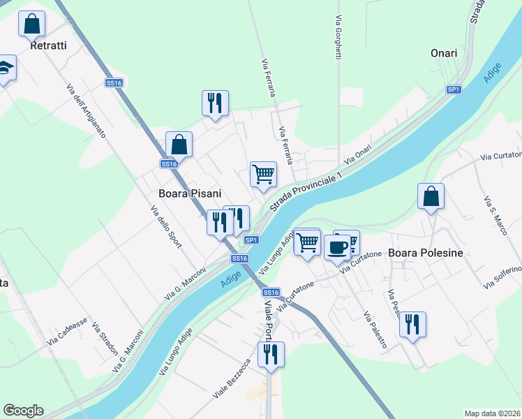 map of restaurants, bars, coffee shops, grocery stores, and more near Strada Provinciale 1 in Province of Padua