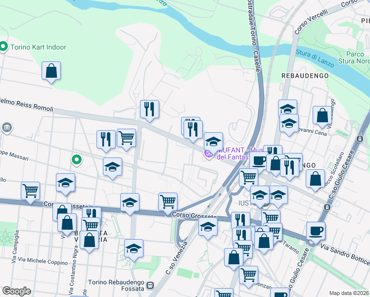 map of restaurants, bars, coffee shops, grocery stores, and more near 67-79 Via Reiss Romoli Guglielmo in Torino
