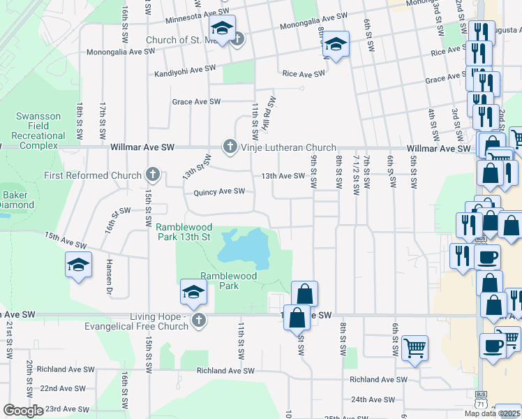 map of restaurants, bars, coffee shops, grocery stores, and more near 1341 11th Street Southwest in Willmar