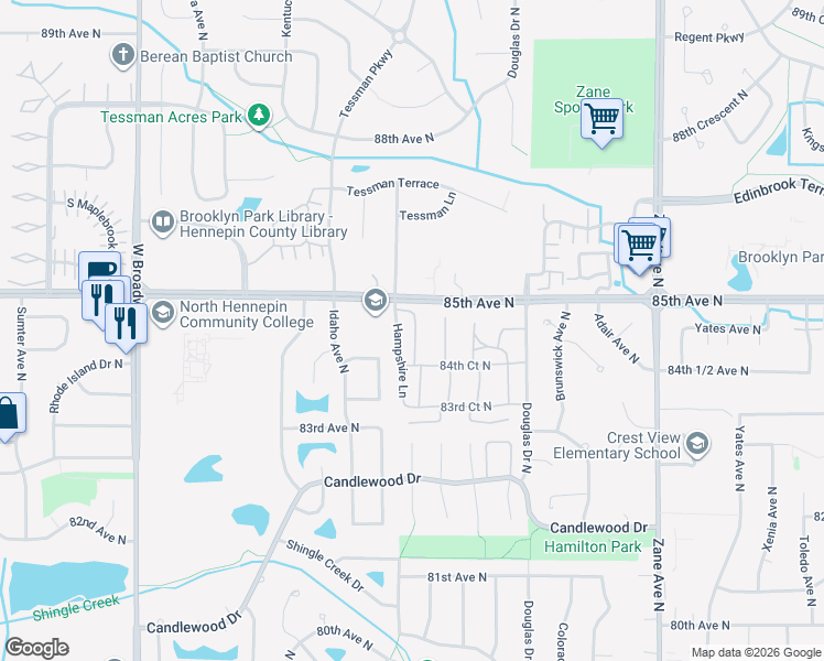 map of restaurants, bars, coffee shops, grocery stores, and more near 6670 84th Court North in Minneapolis