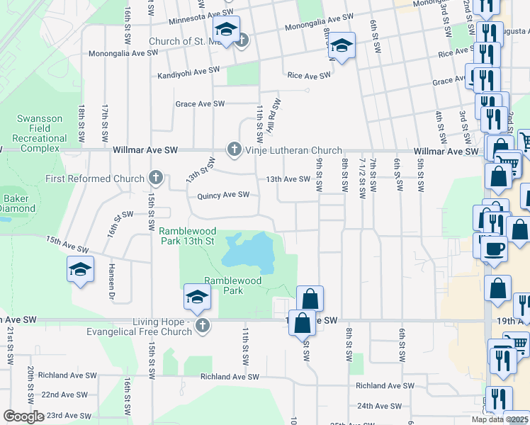 map of restaurants, bars, coffee shops, grocery stores, and more near 1341 11th Street Southwest in Willmar