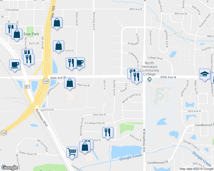 map of restaurants, bars, coffee shops, grocery stores, and more near 7823 85th Court North in Minneapolis