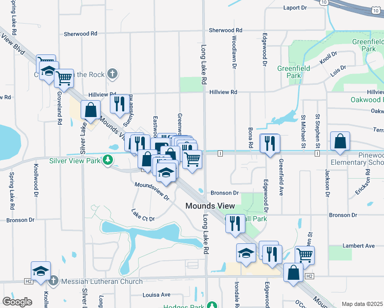 map of restaurants, bars, coffee shops, grocery stores, and more near 2552 County Road I in Mounds View