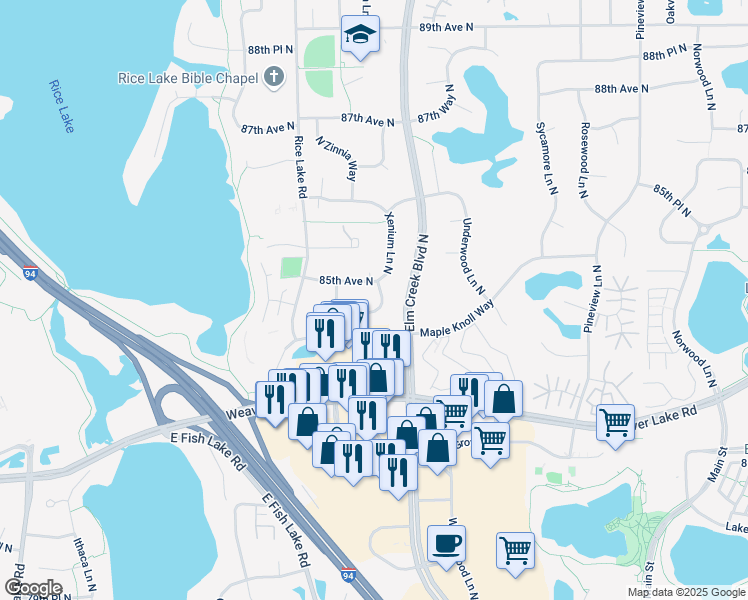 map of restaurants, bars, coffee shops, grocery stores, and more near 8431 Yucca Lane North in Maple Grove