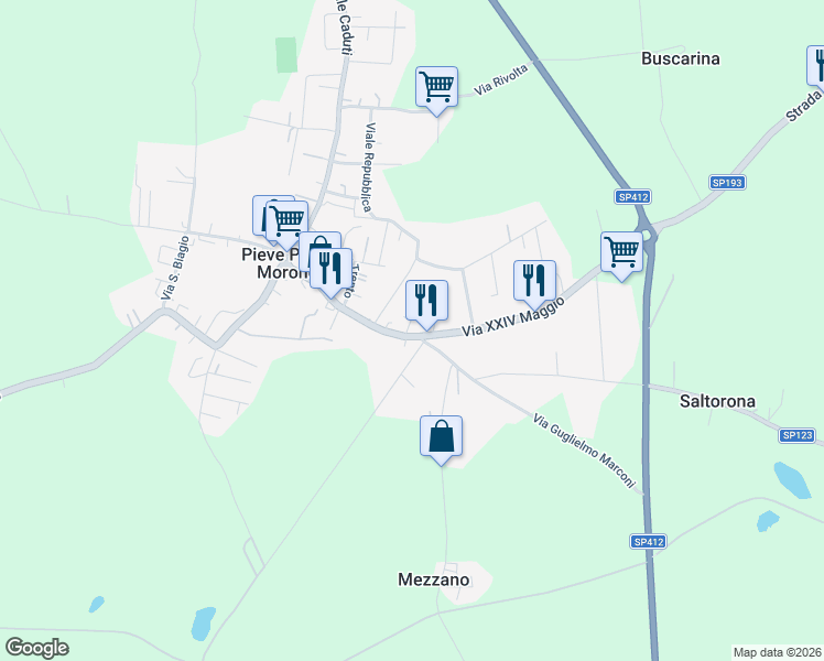 map of restaurants, bars, coffee shops, grocery stores, and more near 125 Via Felice Cavallotti in Pieve Porto Morone