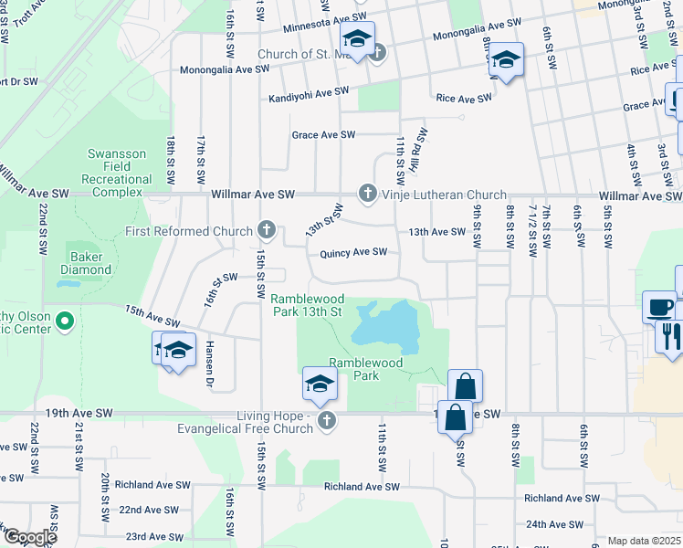 map of restaurants, bars, coffee shops, grocery stores, and more near 1236 Ramblewood Avenue Southwest in Willmar