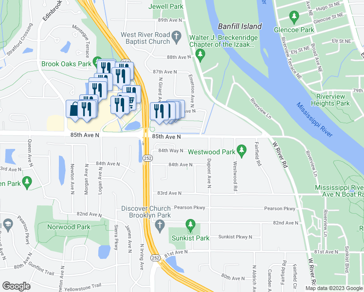 map of restaurants, bars, coffee shops, grocery stores, and more near 1308 84th Way North in Minneapolis