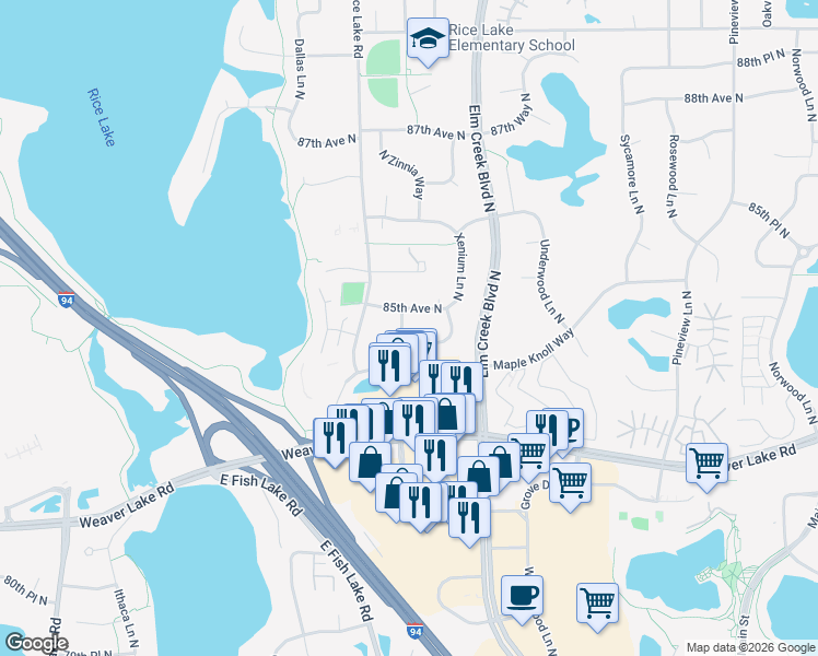 map of restaurants, bars, coffee shops, grocery stores, and more near 8414 Zinnia Lane North in Maple Grove