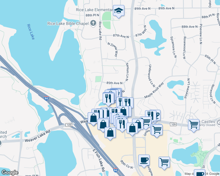 map of restaurants, bars, coffee shops, grocery stores, and more near 8421 Zinnia Lane North in Maple Grove